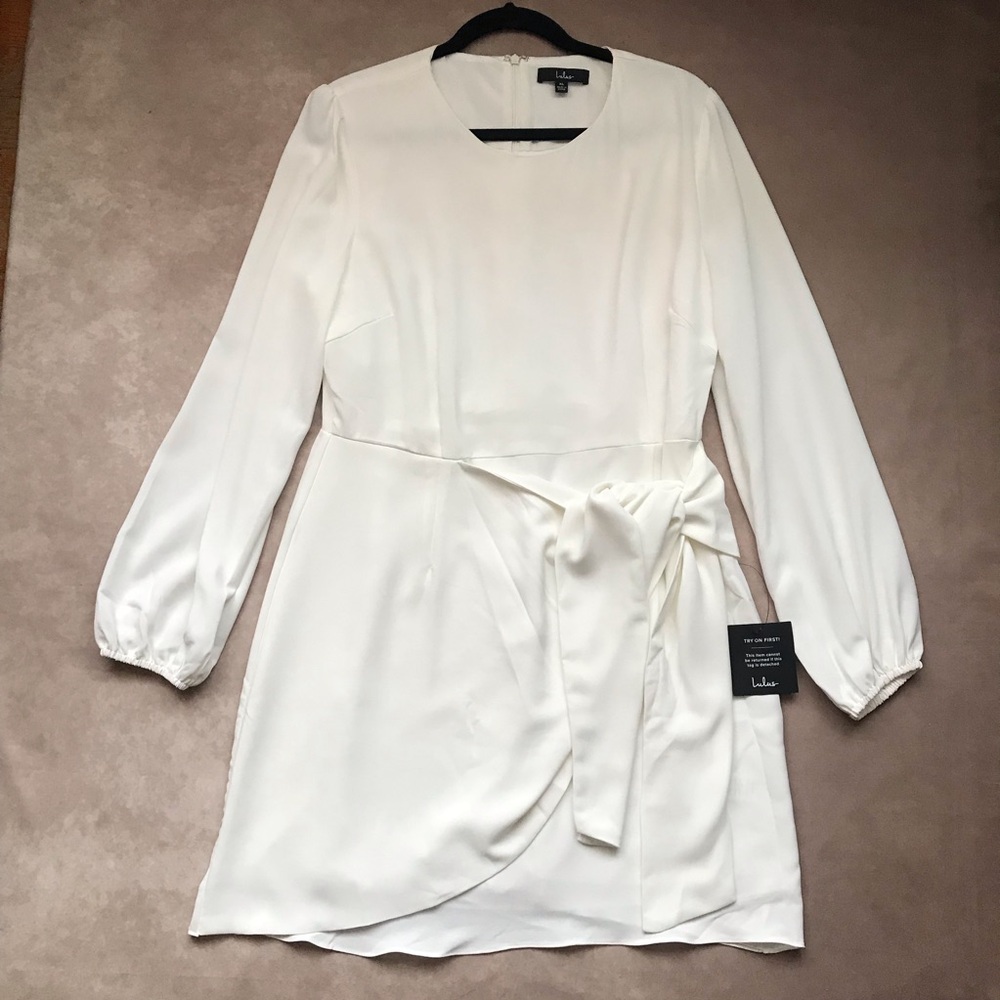 Lulu's Ivory Long Sleeve Wrap-Front Dress